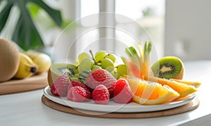 Fresh fruits on a white plate in the kitchen. Healthy eating