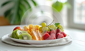 Fresh fruits on a white plate in the kitchen. Healthy eating