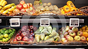 Fresh fruits in wicker baskets on shelf of supermarket