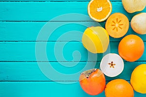 Fresh fruits on wooden boards