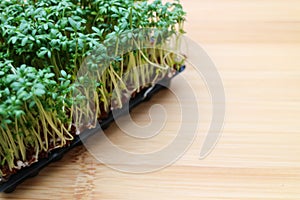 Fresh Garden Cress on wooden background