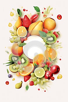 Fresh fruit grouped around text free space on paper background as a map. Generative AI photo