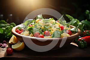 Fresh garden greens, vibrant veggies, bowl set atop wooden table