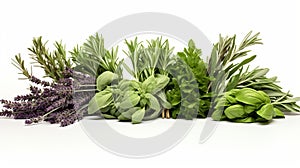 Fresh garden herbs of several varieties, isolated on a white backdrop.