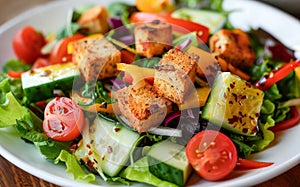 Fresh Garden Salad With Croutons Served on a White Plate in a Casual Dining Setting