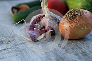 Fresh garden vegetables - garlic, onion, zucchini, tomatoes, cucumber on a light wooden background