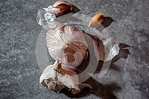 Fresh garlic bulbs and a garlic press on an old wooden board and a burlap backing