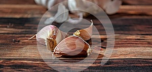 Fresh garlic bulbs and a garlic press on an old wooden board and a burlap backing