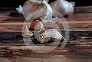 Fresh garlic bulbs and a garlic press on an old wooden board and a burlap backing