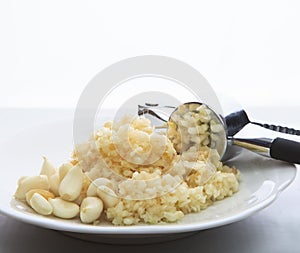 Fresh garlic crushed by garlic crusher on white dish on kitchen