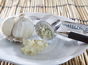 Fresh garlic crushed by garlic crusher on white dish on kitchen photo