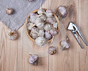 Fresh garlic fruits in wooden bowl and an iron press