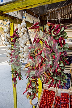 Fresh garlic, peppers and tomato