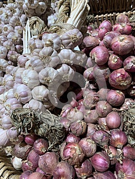 Fresh Garlics and Red Shallots in Supermarket