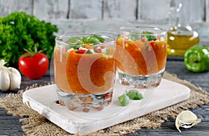 Fresh gazpacho on a wooden table