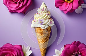 fresh gelato ice cream, fruits, berries and flowers in an ice-cream waffle cone isolated over the background