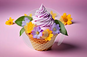 fresh gelato ice cream, fruits, berries and flowers in an ice-cream waffle cone isolated over the background