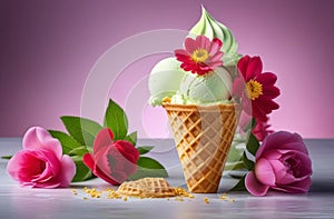 fresh gelato ice cream, fruits, berries and flowers in an ice-cream waffle cone isolated over the background