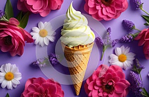 fresh gelato ice cream, fruits, berries and flowers in an ice-cream waffle cone isolated over the background