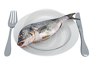 Fresh Gilt-head bream on plate with fork and knife, 3D rendering