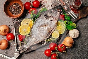 Fresh gilthead sea bream.Local fish market.Fresh seafood.Expensive dorado fish recipe and seasoning.Healthy Mediterranean diet.