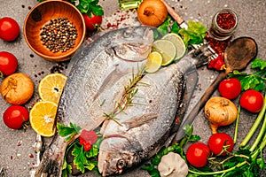 Fresh gilthead sea bream.Local fish market.Fresh seafood.Expensive dorado fish recipe and seasoning.Healthy Mediterranean diet.