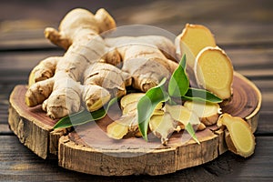 Fresh ginger arrangement on wooden table creates an inviting and appetizing scene