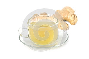 Fresh ginger juice in a glass cup on a healthy white background