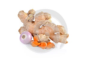 fresh ginger ,onion and tumeric on a white background