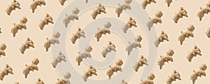 Fresh Ginger in pattern on the beige pastel background. Top view. Continous pattern, isolate, flat lay, hard light, minimal