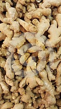 Fresh ginger rhizome background overhead. Root photo