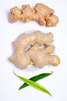 Fresh ginger rhizome root used in traditional medicines and for flavoring meals isolated on white