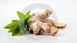 Fresh ginger rhizome with sliced and green leaves isolated on white background