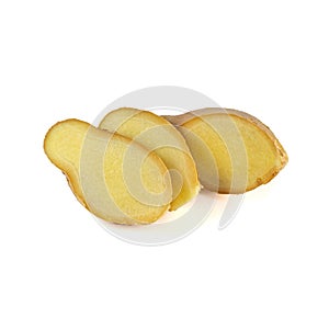 Fresh ginger rhizome with sliced isolated on white background.