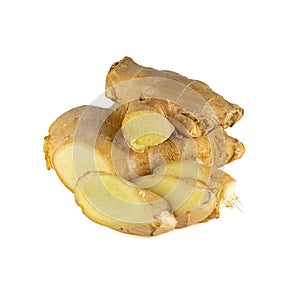 Fresh ginger rhizome with sliced isolated on white background.