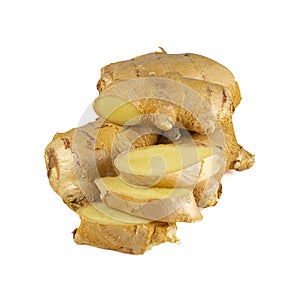 Fresh ginger rhizome with sliced isolated on white background.