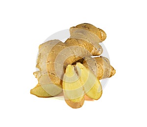 Fresh ginger rhizome with sliced isolated on white background.