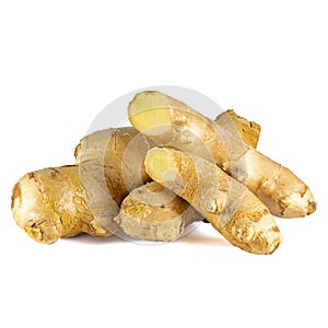 Fresh ginger rhizome with sliced isolated on white background.