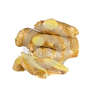 Fresh ginger rhizome with sliced isolated on white background.