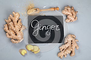 Fresh ginger root and ginger powder