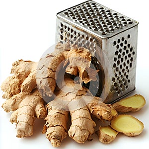 Fresh ginger root and grater