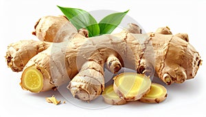 Fresh Ginger Root with Green Leaves and Sliced Pieces on White Background