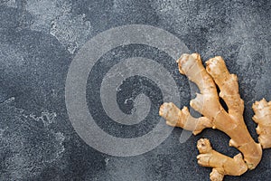 Fresh ginger root on grey background. Copy space