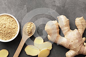 Fresh ginger root, ground ginger spice, spring harvest, for the article, winter immunity, healthy medicine, recipes with ginger.