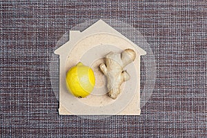 Fresh ginger root and lemon fruit with house symbol on a brown napkin