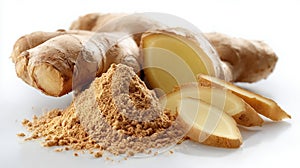 Fresh ginger root and ginger powder with sliced pieces