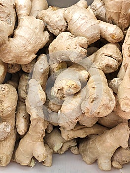 Fresh ginger root on a shelf in the market