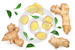 Fresh Ginger root and slice isolated on white background. Top view. Flat lay