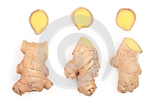 Fresh Ginger root and slice isolated on white background. Top view. Flat lay