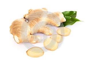 Fresh ginger root with sliced islolated on white background for herb and medical product concept